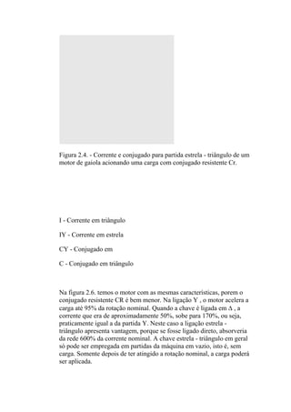 Figura 2.4. - Corrente e conjugado para partida estrela - triângulo de um
motor de gaiola acionando uma carga com conjugado resistente Cr.
I - Corrente em triângulo
IY - Corrente em estrela
CY - Conjugado em
C - Conjugado em triângulo
Na figura 2.6. temos o motor com as mesmas características, porem o
conjugado resistente CR é bem menor. Na ligação Y , o motor acelera a
carga até 95% da rotação nominal. Quando a chave é ligada em Δ , a
corrente que era de aproximadamente 50%, sobe para 170%, ou seja,
praticamente igual a da partida Y. Neste caso a ligação estrela -
triângulo apresenta vantagem, porque se fosse ligado direto, absorveria
da rede 600% da corrente nominal. A chave estrela - triângulo em geral
só pode ser empregada em partidas da máquina em vazio, isto é, sem
carga. Somente depois de ter atingido a rotação nominal, a carga poderá
ser aplicada.
 