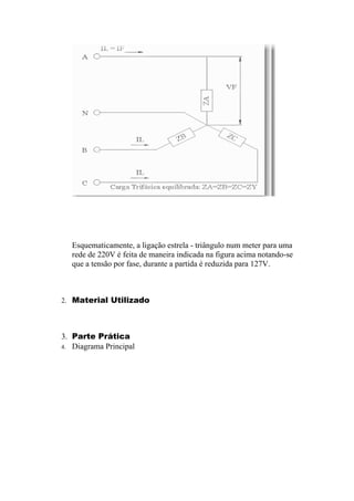 Esquematicamente, a ligação estrela - triângulo num meter para uma
rede de 220V é feita de maneira indicada na figura acima notando-se
que a tensão por fase, durante a partida é reduzida para 127V.
2. Material Utilizado
3. Parte Prática
4. Diagrama Principal
 