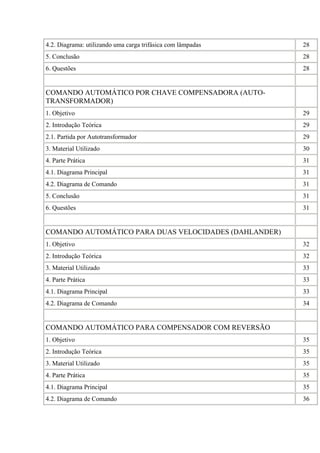 4.2. Diagrama: utilizando uma carga trifásica com lâmpadas 28
5. Conclusão 28
6. Questões 28
COMANDO AUTOMÁTICO POR CHAVE COMPENSADORA (AUTO-
TRANSFORMADOR)
1. Objetivo 29
2. Introdução Teórica 29
2.1. Partida por Autotransformador 29
3. Material Utilizado 30
4. Parte Prática 31
4.1. Diagrama Principal 31
4.2. Diagrama de Comando 31
5. Conclusão 31
6. Questões 31
COMANDO AUTOMÁTICO PARA DUAS VELOCIDADES (DAHLANDER)
1. Objetivo 32
2. Introdução Teórica 32
3. Material Utilizado 33
4. Parte Prática 33
4.1. Diagrama Principal 33
4.2. Diagrama de Comando 34
COMANDO AUTOMÁTICO PARA COMPENSADOR COM REVERSÃO
1. Objetivo 35
2. Introdução Teórica 35
3. Material Utilizado 35
4. Parte Prática 35
4.1. Diagrama Principal 35
4.2. Diagrama de Comando 36
 