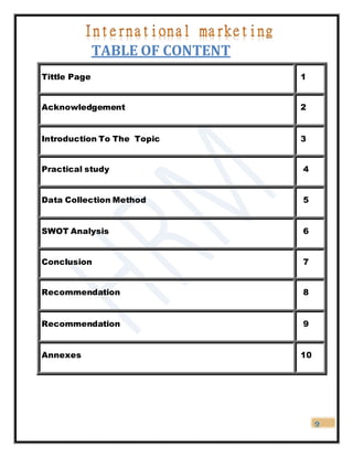 2
TABLE OF CONTENT
Tittle Page 1
Acknowledgement 2
Introduction To The Topic 3
Practical study 4
Data Collection Method 5
SWOT Analysis 6
Conclusion 7
Recommendation 8
Recommendation 9
Annexes 10
 