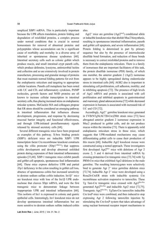58 Susan Prattisand Abdo Jurjus
Lab Anim Res | June, 2015 | Vol. 31, No. 2
unspliced XBP1 mRNA. This is particularly important
because the UPR affects translation, protein folding and
degradation of misfolded proteins, a complex process
under normal conditions that is crucial in normal
homeostasis for removal of abnormal proteins and
polypeptides whose accumulation can be a significant
cause of morbidity and mortality in a diverse array of
inherited or spontaneous disease syndromes [68].
Intestinal secretory cells such as colonic goblet which
produce mucin, and small intestinal crypt paneth cells,
which produce defensins, lysozyme, antimicrobial lectins
and collectins and so are extensively involved in protein
manufacture, processing and granular storage of proteins
that must maintain normal folding patterns for exit from
the endoplasmic reticulum and targeting to appropriate
cellular locations. Paneth cell metaplasia has been noted
with UC and CD, and inflammatory cytokines, PAMP
molecules, growth factors and NOD proteins are all
known to increase cellular transcription in intestinal
secretory cells,thus placing increasedstress onendoplasmic
reticular systems. McGuckin MA and colleagues propose
that ER stress should be considered an emerging pathway
in intestinal inflammation that influences disease
development, progression, and response by decreasing
mucosal barrier integrity and functional effectiveness,
and through UPR-initiated proinflammatory signals
released by stressed secretory cells [68].
Several different transgenic mice have been proposed
as examples of this pathway. X-box binding protein
(XBP1) deficient mice are inducible XBP1 UPR
transcription factor Cre-recombinase knockout constructs
using the villin promoter (Xbp1villinCre
) that suppress
colitis development and develop abnormal unfolded
protein during expression of their intestinal inflammatory
episodes [33,68]. XBP-1 transgenic mice exhibit paneth
and goblet cell apoptosis, spontaneous ileal inflammation
[68]. These mice express defective UPR and partial
Xbp1 deficiency in the colon resulting in goblet cell loss,
absence of spontaneous colitis but increased sensitivity
to dextran sodium sulfate colitis induction. Ire1β-/-
mice
are knockout mice with loss of the Ire1β UPR endo-
nuclease that cleaves Xbpr mRNA, and were the first
transgenic mice to demonstrate linkage between
inappropriate UPR and intestinal inflammation [68].
This isoform of Ire1 is expressed in colonic and gastric
epithelial cells. Interestingly, Ire1 knockout mice do not
develop spontaneous intestinal inflammation but are
more sensitive to dextran sodium sulfate induced colitis
also.
Agr2-/-
mice are germline (Agr2loxP
) conditional allele
or inducible knockout mice that abolish Muc2 biosynthesis,
resulting in spontaneous intestinal inflammation, paneth
and goblet cell apoptosis, and severe inflammation [68].
Protein folding is determined in part by primary
sequence but also by the presence of intermolecular
disulfide bond formation, and reduction of these bonds
is necessary to correct misfolded proteins and to remove
them from the endoplasmic reticulum. There is a family
of isomerases that are important facilitators of this task,
the protein disulfide isomerase (PDI) family, of which
one member, the anterior gradient 2 (Agr2) isomerase
appears to be highly upregulated during endoreticular
stress in intestinal cells [68]. AGR2 also is important in
stimulating cell proliferation, cell adhesion, motility; and
in inhibiting apoptosis [72]. The presence of high levels
of Agr2 mRNA and protein is associated with cell
proliferation and inhibited apoptosis in gastrointestinal
and mammary gland adenocarcinoma [72] while decreased
expression in humans is associated with increased risk of
UC and CD [72].
Accordingly, Agr2-/-
germline knockout mice generated
in FVB/NTgN(ACTB-Cre)2Mrt strain mice [73] have
abrogated anterior gradient 2 isomerase expression in
Muc2 produced in goblet cells, and do not produce
mucus within the intestine [73]. There is apparently mild
endoplasmic reticulum stress in these mice, which
suggests that UPR-mediated mechanisms may cause
differentiating goblet cells to cease their production of
this mucin [68]. Inducible Agr2 knockout mouse were
constructed using a nested approach. These investigators
first developed Agr2flox/
mice with deletions of Agr 2
exons 2, 3 and 4 derived from intestinal mRNA by
crossing protamine-Cre transgenic mice [72,74] with Tg
PRM-Cre mice that exhibited Agr2 deletions in the male
germline. The resulting heterozygotes were selectively
bred to generate Agr 2-/-
mice germline deletion mice
[72,74]. Inducible Agr 2-/-
mice were developed using a
Rosa26-CreER strain with inducible systemic Cre
recombinase activation responsive to tamoxifen. These
Tg Tam-Cre transgenic mice crossed with Agr2flox/flox
generated Agr2flox/flox
and inducible Agr2/
mice [72,75].
Transgenic Agr2flox/flox
: TgTam-Cre tamoxifen inducible
Cre loxP mice were combined, and then induced to stop
expressing Agr 2 following tamoxifen injection by
stimulating the Cre-loxP system that takes advantage of
using nuclear hormonal receptor import mechanisms to
 