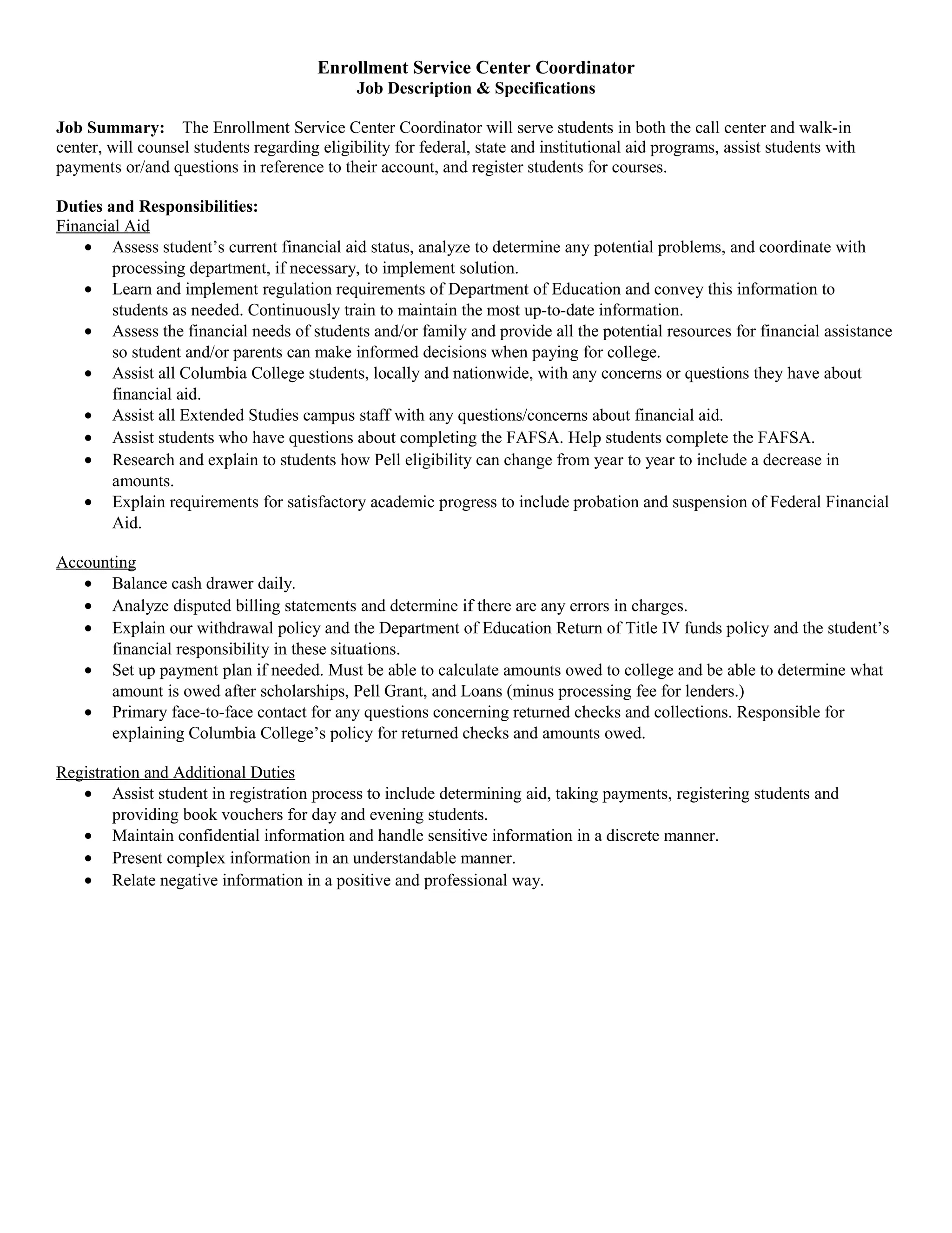 ESC Coordinator Job Description and Specifications | ODT