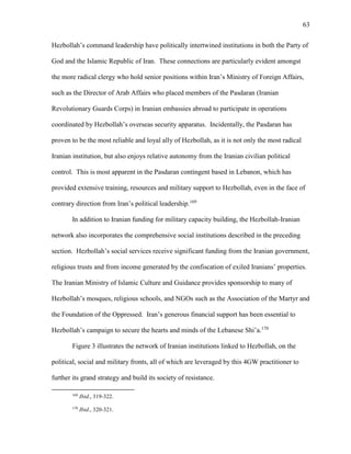 63
Hezbollah’s command leadership have politically intertwined institutions in both the Party of
God and the Islamic Republic of Iran. These connections are particularly evident amongst
the more radical clergy who hold senior positions within Iran’s Ministry of Foreign Affairs,
such as the Director of Arab Affairs who placed members of the Pasdaran (Iranian
Revolutionary Guards Corps) in Iranian embassies abroad to participate in operations
coordinated by Hezbollah’s overseas security apparatus. Incidentally, the Pasdaran has
proven to be the most reliable and loyal ally of Hezbollah, as it is not only the most radical
Iranian institution, but also enjoys relative autonomy from the Iranian civilian political
control. This is most apparent in the Pasdaran contingent based in Lebanon, which has
provided extensive training, resources and military support to Hezbollah, even in the face of
contrary direction from Iran’s political leadership.169
In addition to Iranian funding for military capacity building, the Hezbollah-Iranian
network also incorporates the comprehensive social institutions described in the preceding
section. Hezbollah’s social services receive significant funding from the Iranian government,
religious trusts and from income generated by the confiscation of exiled Iranians’ properties.
The Iranian Ministry of Islamic Culture and Guidance provides sponsorship to many of
Hezbollah’s mosques, religious schools, and NGOs such as the Association of the Martyr and
the Foundation of the Oppressed. Iran’s generous financial support has been essential to
Hezbollah’s campaign to secure the hearts and minds of the Lebanese Shi’a.170
Figure 3 illustrates the network of Iranian institutions linked to Hezbollah, on the
political, social and military fronts, all of which are leveraged by this 4GW practitioner to
further its grand strategy and build its society of resistance.
169
Ibid., 319-322.
170
Ibid., 320-321.
 