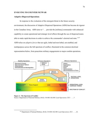 76
EVOLVING TO COUNTER NETWAR
Adaptive Dispersed Operations
In response to the evaluation of the emergent threat in the future security
environment, the discussion of Adaptive Dispersed Operations (ADO) has become de rigueur
in the Canadian Army. ADO aims to “. . . provide the [military] commander with enhanced
capability to create operational and strategic level effects through the use of dispersed teams
able to make rapid decisions in order to achieve the commander’s desired end state.”197
ADO relies on adaptive forces that are agile, lethal and non-lethal, net-enabled, and
multipurpose across the full spectrum of conflict, illustrated in the common doctrinal
representation below, from peacetime military engagements to major combat operations.
Figure 4 - The Spectrum of Conflict
Source: Department of National Defence, B-GL-310-001/AG-001 Land Operations 2021 . . . , 7.
197
Department of National Defence, B-GL-310-001/AG-001 Land Operations 2021 . . . , 22.
 