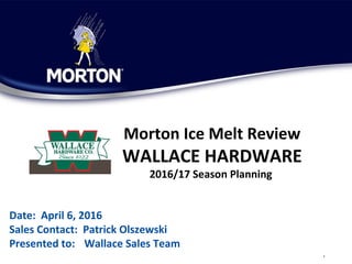 K+S Group / 1
1
Morton Ice Melt Review
WALLACE HARDWARE
2016/17 Season Planning
Date: April 6, 2016
Sales Contact: Patrick Olszewski
Presented to: Wallace Sales Team
 