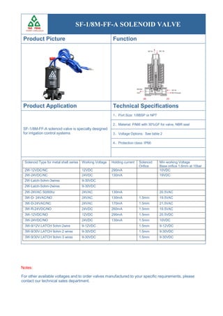 SF-1/8M-FF-A SOLENOID VALVE
Product Picture Function
Product Application Technical Specifications
SF-1/8M-FF-A solenoid valve is specially designed
for irrigation control systems
1、Port Size: 1/8BSP or NPT
2、Material: PA66 with 30%GF for valve, NBR seal
3、Voltage Options: See table 2
4、Protection class: IP66
Solenoid Type for metal shell series Working Voltage Holding current Solenoid
Orifice
Min working Voltage
Base orifice 1.6mm at 10bar
2W-12VDC/NC 12VDC 290mA 10VDC
2W-24VDC/NC 24VDC 130mA 19VDC
2W-Latch-5ohm-3wires 9-30VDC
2W-Latch-5ohm-2wires 9-30VDC
2W-24VAC 50/60hz 24VAC 130mA 20.5VAC
3W-D- 24VAC/NO 24VAC 130mA 1.5mm 19.5VAC
3W-D-24VAC/NC 24VAC 170mA 1.5mm 21.5VAC
3W-R-24VDC/NO 24VDC 260mA 1.5mm 19.5VAC
3W-12VDC/NO 12VDC 290mA 1.5mm 20.5VDC
3W-24VDC/NO 24VDC 130mA 1.5mm 10VDC
3W-9/12V LATCH 5ohm 2wire 9-12VDC 1.5mm 9-12VDC
3W-9/30V LATCH 9ohm 2 wires 9-30VDC 1.5mm 9-30VDC
3W-9/30V LATCH 9ohm 3 wires 9-30VDC 1.5mm 9-30VDC
Notes:
For other available voltages and to order valves manufactured to your specific requirements, please
contact our technical sales department.
 