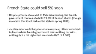 French State could sell 5% soon
• Despite promises to revert to 15% shareholding, the French
government continues to hold 19.7% of Renault shares (though
maintains that it will reduce the stake in spring 2016).
• => placement could happen soon in my view, I think we're back
to levels where French government loses nothing nor wins
nothing (bot a bit higher but received a DVD of 1.90E)
 