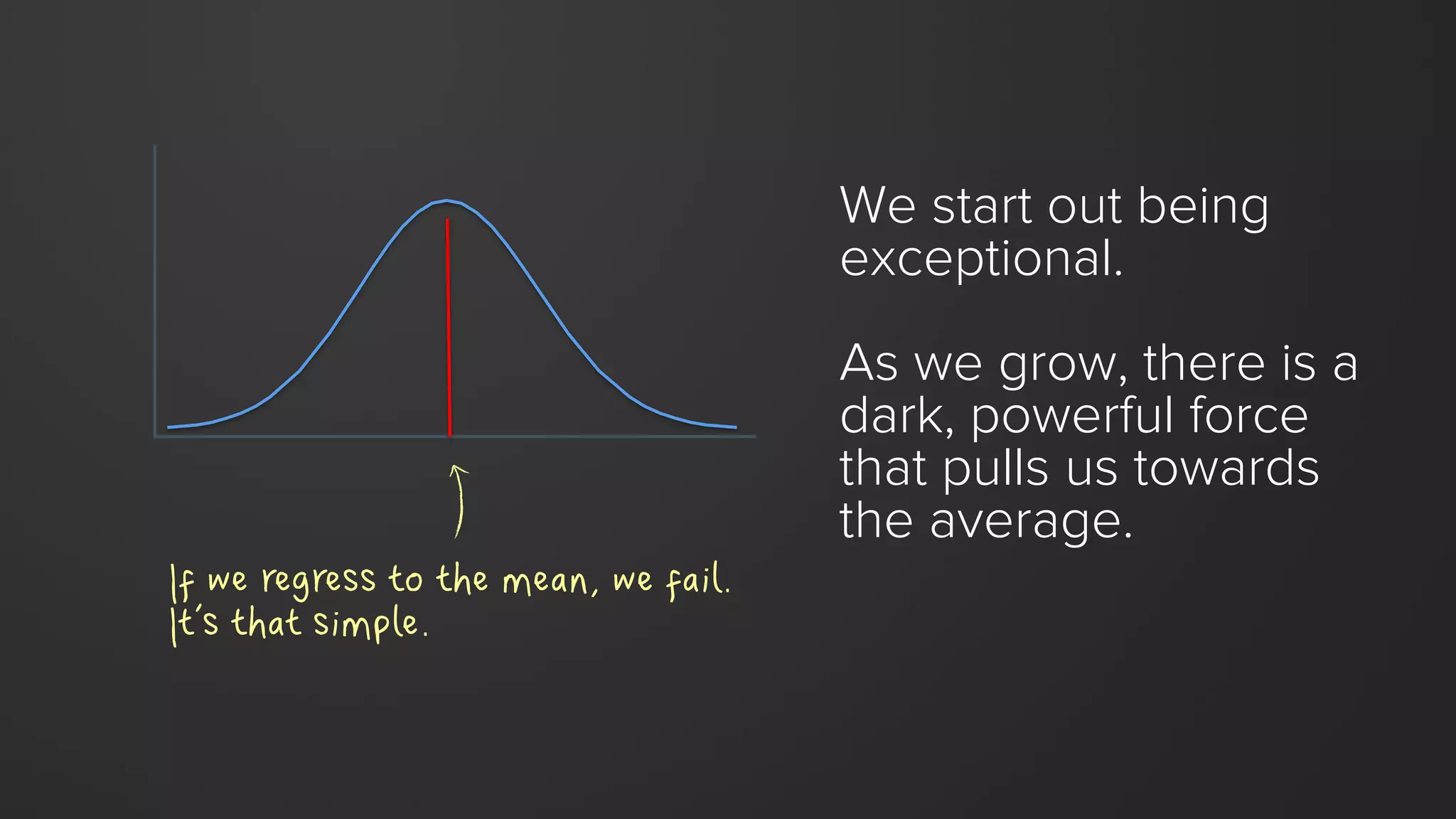 We start out being
exceptional.
As we grow, there is a
dark, powerful force
that pulls us towards
the average.
If we regress to the mean, we fail.
It’s that simple.
 