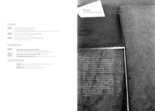 STAGES
2005 ANTE PRIMA CONSULTANTS, Paris
Conseil et assistance à la maîtrise d’ouvrage
Organisation du concours « Ductal - Réaménagement de la place d’armes de Valenciennes » avec Lafarge.
2004 AGENCE ERIC RAFFY Architecte Designer, Paris
Architecte Designer / Architecte projeteur.
2001 AGENCE MARC AUREL Architrecte Designer, Cassis
Architecte Designer / Dessinatrice.
formation
2005		DPLG de l’École d’Architecture de Paris La Villette
TPFEE : « BANCO : conception d’une gamme de mobilier urbain en Ductal®
.
Aménagements urbains pour la nouvelle place de la Mairie de Marseille ». Mention Bien.
2002		 Baccalauréat en Design de l’environnement à l’UQAM, Montréal, Québec.
2000		 DEUG (diplôme de premier cycle) à l’E.A.M.L, École d’Architecture de Marseille – Luminy.
compétences
		Informatique : Autocad, Illustrator, Photoshop, In Design, Rhino 3D, Microsoft Office.
		 Langues : Bilingue Français – Italien. Anglais maîtrisé.
		 Autres activités : Photographie, graphisme, édition, histoire de l’art.
E.V.A.A.
Ester Viola Adriano Architecte DPLG
37 Rue des Panoyaux, 75020 Paris
Tél. : +33 (0) 6 66 75 79 69
Email : esterviola.adriano@gmail.com
Née le 14 juin 1979 en Italie.
Nationalité : Italienne
N. NATIONAL : 080201
Ester Viola Adriano
Born in Rome (Italy) in 1979, Ester Viola was 16 when
she moved to Marseille (France) where commenced her
studies in architecture and photography. From 2001-
2002 she spent a year in Montreal at the University
of Quebec at Montreal where she obtained her
certification in Environmental Design. She completed
her studies in Paris in 2005 where she obtained a
degree in Architecture at Ecole d’architecture de Paris –
La Villette, jury mention.
Today Ester Viola works as a freelance architect,
pursuing missions which touch all scales of architecture.
From housing rehabilitation, construction projects,
interior design… Ester Viola frequently works with
various Parisian agencies on a wide range of projects
including: international architecture competitions,
urban planning, social houses districts and more.
In addition to her technical expertise, Ester Viola
is an accomplished artist. In association with
graphic designers and designers, she participates
in scenographic conceptions and presents as an art
photographer.
 