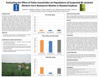 Evaluating the Effect of Foliar Insecticides on Populations of Suspected Bt-resistant
Western Corn Rootworm Beetles in Rotated Soybean
Alexandra L. McMillan, Nicholas A. Tinsley, Ronald E. Estes, Michael E. Gray and Joseph L. Spencer
University of Illinois at Urbana-Champaign, Department of Crop Sciences
INTRODUCTION
The western corn rootworm (WCR) is the most economically significant
insect pest of corn production in the U.S.1 and can inflict injury resulting
in substantial yield loss2. Historically, crop rotation was a successful
management strategy because oviposition occurred predominantly in
corn. However, beginning in 1995, severe injury to first-year corn was
observed in Illinois and Indiana3. Commercial Bt corn hybrids targeting
this pest were widely adopted and are an effective tool to manage
rotation-resistant WCR. However, field-evolved resistance to Bt traits has
been documented for WCR4, a phenomenon that has been associated
with the cultivation of continuous corn expressing the same Bt toxin. In
2013, severe injury to rotated Bt corn was documented in Illinois, adding
urgency to existing concerns about Bt resistance. Unexpected injury to Bt
corn hybrids in rotated cornfields and high beetle densities in corn and
soybeans have increased grower interest in adult management tactics.
OBJECTIVE
- To determine if the timing of an insecticide application to soybeans
affects larval damage to rotated corn the following season.
EXPERIMENTAL DESIGN AND METHODS
⁻ The experimental design was a split-plot, randomized complete
block with three replications.
⁻ Within each soybean field the trial area was 219 by 152 m.
⁻ Each trial area was divided into three plots. One plot received an
early insecticide treatment, one plot a late treatment, and one plot
served as the control.
⁻ Densities of WCR beetles were estimated weekly by taking three
100-sweep subsamples per plot.
ACKNOWLEDGEMENTS
We thank the cooperating producers for providing the trial areas to conduct this
experiment; Brian Johnston for coordinating the insecticide applications. This
project was funded by a 2013 Monsanto Corn Rootworm Knowledge Program
award to J.L. Spencer, M.E. Gray, R.E. Estes and N.A. Tinsley.
INSECTICIDE APPLICATION
Warrior II (lamda-cyhalothrin) was applied to the early treatment plots when the
adjacent cornfield began to tassel (VT stage of corn). Warrior II was applied to the
late treatment plots when the adjacent cornfield had brown silks (R3 stage of corn).
RESULTS
The data were analyzed using a square-root transformation and the actual means
are reported. Prior to the early spray when nearby corn was at the VT growth stage,
there was no significant effect of treatment on the mean number of beetles per
100 sweeps (𝐹2,4= 1.00, 𝑃 = 0.45). The densities were low and never exceeded
0.45 per 100 sweeps across all treatments. There was also no significant effect of
treatment during the time period between the early and late sprays on the mean
number of beetles per 100 sweeps (𝐹2,4= 0.25, 𝑃 = 0.79). Densities never
exceeded 29.9 per 100 sweeps across all treatments. During the period after the
late spray, when nearby cornfields were in the R3 stage, there was no significant
effect of treatment on the mean number of beetles per 100 sweeps (𝐹2,4=
3.73, 𝑃 = 0.12).
DISCUSSION
We observed that beetle densities were very low prior to the early application of
insecticide. Between the early and late spray, we expected the untreated check and
the late treatment to have similar densities and the early treatment to have fewer
beetles. We found that spraying early had no effect on the population buildup.
After the late spray, we expected populations in the late treatment to be lower than
the early treatment and the untreated check. However, no significant differences
were observed. This lack of significant differences in beetle density in the early and
late spray treatments is consistent with evidence for significant interfield
movement in WCR5. Intra- and interfield movement of WCR may cause
recolonization of Warrior-treated subplots because of daily interfield movement of
beetles in and out of soybean fields after the effects of Warrior are gone. We
conclude that applying insecticide to an adjacent soybean field based on the
growth stage of the nearby cornfield had no effect on the beetle populations.
FUTURE DIRECTION
This is the first year of a 3-year study. In 2015, corn plots will be placed directly
upon the soybean plots sprayed in 2014. These trials will be used to determine if
the application of a foliar insecticide in soybean has a significant effect on beetle
emergence and root injury in rotated corn.
REFERENCES
1) Gray ME, Sappington TW, Miller NJ, Moeser J, Bohn MO, 2009. Adaptation and invasiveness of western corn rootworm:
intensifying research on a worsening pest. Annu. Rev. Entomol. 54, 303–321.
2) Tinsley NA, Estes RE, Gray ME, 2013. Validation of a nested error component model to estimate damage caused by corn
rootworm larvae. J. Appl. Entomol. 137, 161–169.
3) Levine E, Spencer JL, Isard SA, Onstad DW, Gray ME, 2002. Adaptation of the western corn rootworm to crop rotation:
evolution of a new strain in response to a management practice. Am. Entomol. 48, 94–107.
4) Gassmann AJ, Petzold-Maxwell JL, Keweshan RS, Dunbar MW, 2011. Field-evolved resistance to Bt maize by western corn
rootworm. PLOS ONE 6, E22629.
5) Isard, S.A., J.L. Spencer, M.A. Nasser, and E. Levine. 2000. Aerial movement of western corn rootworm, Diabrotica virgifera
virgifera (Coleoptera: Chrysomelidae): Diel periodicity of flight activity in soybean fields. Environmental Entomology. 29:226-
234.
© Tom Murray
 