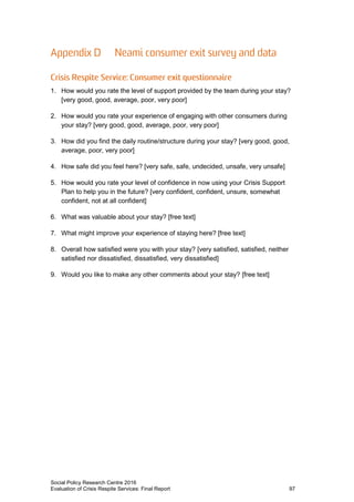 Social Policy Research Centre 2016
Evaluation of Crisis Respite Services: Final Report 97
1. How would you rate the level of support provided by the team during your stay?
[very good, good, average, poor, very poor]
2. How would you rate your experience of engaging with other consumers during
your stay? [very good, good, average, poor, very poor]
3. How did you find the daily routine/structure during your stay? [very good, good,
average, poor, very poor]
4. How safe did you feel here? [very safe, safe, undecided, unsafe, very unsafe]
5. How would you rate your level of confidence in now using your Crisis Support
Plan to help you in the future? [very confident, confident, unsure, somewhat
confident, not at all confident]
6. What was valuable about your stay? [free text]
7. What might improve your experience of staying here? [free text]
8. Overall how satisfied were you with your stay? [very satisfied, satisfied, neither
satisfied nor dissatisfied, dissatisfied, very dissatisfied]
9. Would you like to make any other comments about your stay? [free text]
 