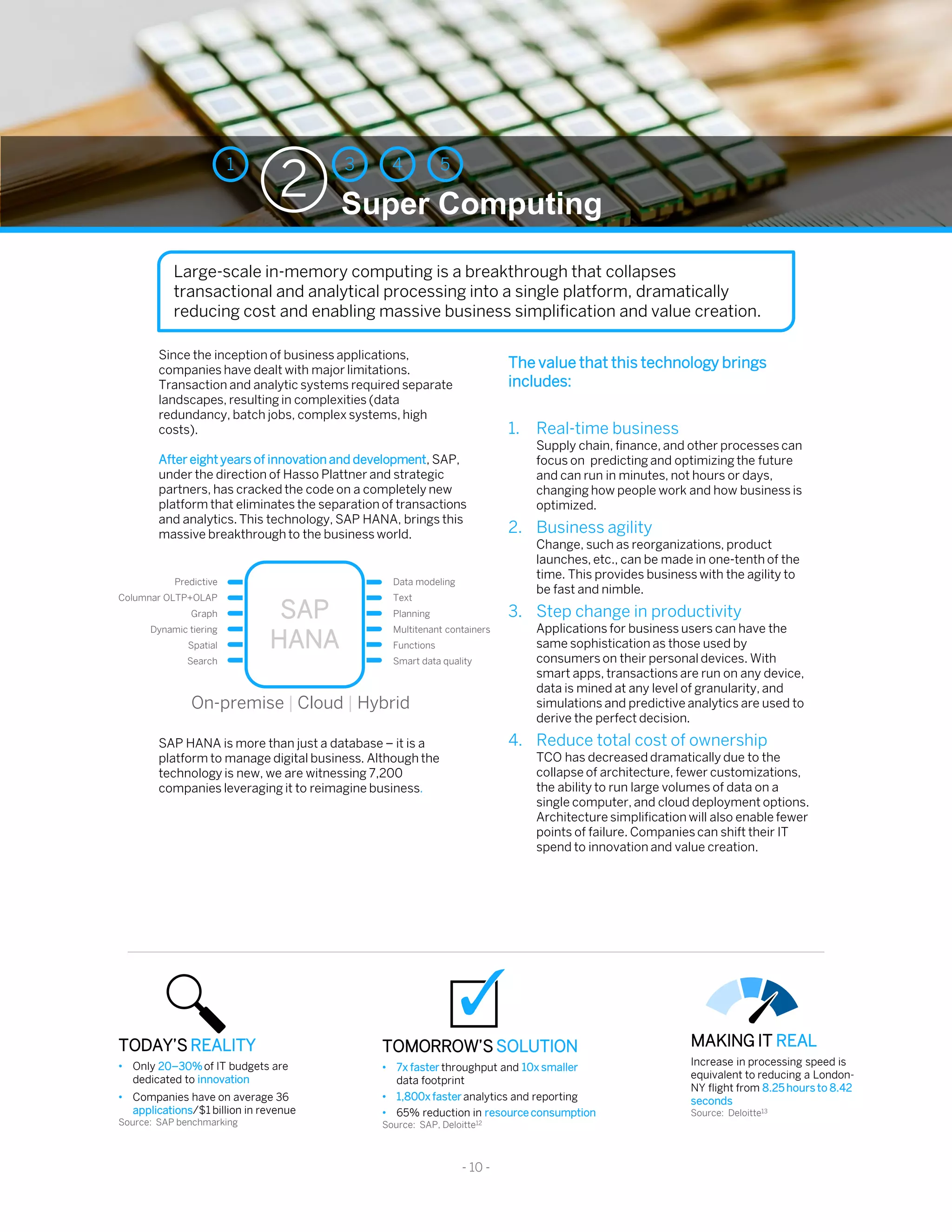 Since the inception of business applications,
companies have dealt with major limitations.
Transaction and analytic systems required separate
landscapes, resulting in complexities (data
redundancy, batch jobs, complex systems, high
costs).
After eight years of innovation and development, SAP,
under the direction of Hasso Plattner and strategic
partners, has cracked the code on a completely new
platform that eliminates the separation of transactions
and analytics. This technology, SAP HANA, brings this
massive breakthrough to the business world.
SAP HANA is more than just a database – it is a
platform to manage digital business. Although the
technology is new, we are witnessing 7,200
companies leveraging it to reimagine business.
Super Computing
3 4 51
2
- 10 -
Predictive
Columnar OLTP+OLAP
Graph
Dynamic tiering
Spatial
Search
SAP
HANA
Data modeling
Text
Planning
Multitenant containers
Functions
Smart data quality
On-premise | Cloud | Hybrid
TODAY’S REALITY
• Only 20–30%of IT budgets are
dedicated to innovation
• Companies have on average 36
applications/$1 billion in revenue
Source: SAP benchmarking
TOMORROW’S SOLUTION
• 7x faster throughput and 10x smaller
data footprint
• 1,800x faster analytics and reporting
• 65% reduction in resource consumption
Source: SAP, Deloitte12
MAKING IT REAL
Increase in processing speed is
equivalent to reducing a London-
NY flight from 8.25 hours to 8.42
seconds
Source: Deloitte13
The value that this technology brings
includes:
1. Real-time business
Supply chain, finance, and other processes can
focus on predicting and optimizing the future
and can run in minutes, not hours or days,
changing how people work and how business is
optimized.
2. Business agility
Change, such as reorganizations, product
launches, etc., can be made in one-tenth of the
time. This provides business with the agility to
be fast and nimble.
3. Step change in productivity
Applications for business users can have the
same sophistication as those used by
consumers on their personal devices. With
smart apps, transactions are run on any device,
data is mined at any level of granularity, and
simulations and predictive analytics are used to
derive the perfect decision.
4. Reduce total cost of ownership
TCO has decreased dramatically due to the
collapse of architecture, fewer customizations,
the ability to run large volumes of data on a
single computer, and cloud deployment options.
Architecture simplification will also enable fewer
points of failure. Companies can shift their IT
spend to innovation and value creation.
Large-scale in-memory computing is a breakthrough that collapses
transactional and analytical processing into a single platform, dramatically
reducing cost and enabling massive business simplification and value creation.
 