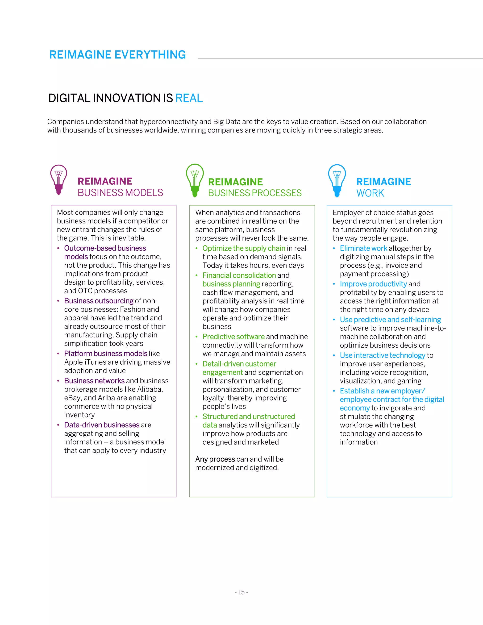 Companies understand that hyperconnectivity and Big Data are the keys to value creation. Based on our collaboration
with thousands of businesses worldwide, winning companies are moving quickly in three strategic areas.
REIMAGINE
BUSINESS MODELS
REIMAGINE
BUSINESS PROCESSES
REIMAGINE
WORK
Most companies will only change
business models if a competitor or
new entrant changes the rules of
the game. This is inevitable.
• Outcome-based business
models focus on the outcome,
not the product. This change has
implications from product
design to profitability, services,
and OTC processes
• Business outsourcing of non-
core businesses: Fashion and
apparel have led the trend and
already outsource most of their
manufacturing. Supply chain
simplification took years
• Platform business models like
Apple iTunes are driving massive
adoption and value
• Business networks and business
brokerage models like Alibaba,
eBay, and Ariba are enabling
commerce with no physical
inventory
• Data-driven businesses are
aggregating and selling
information – a business model
that can apply to every industry
When analytics and transactions
are combined in real time on the
same platform, business
processes will never look the same.
• Optimize the supply chain in real
time based on demand signals.
Today it takes hours, even days
• Financial consolidation and
business planning reporting,
cash flow management, and
profitability analysis in real time
will change how companies
operate and optimize their
business
• Predictive software and machine
connectivity will transform how
we manage and maintain assets
• Detail-driven customer
engagement and segmentation
will transform marketing,
personalization, and customer
loyalty, thereby improving
people’s lives
• Structured and unstructured
data analytics will significantly
improve how products are
designed and marketed
Any process can and will be
modernized and digitized.
Employer of choice status goes
beyond recruitment and retention
to fundamentally revolutionizing
the way people engage.
• Eliminate work altogether by
digitizing manual steps in the
process (e.g., invoice and
payment processing)
• Improve productivity and
profitability by enabling users to
access the right information at
the right time on any device
• Use predictive and self-learning
software to improve machine-to-
machine collaboration and
optimize business decisions
• Use interactive technology to
improve user experiences,
including voice recognition,
visualization, and gaming
• Establish a new employer/
employee contract for the digital
economy to invigorate and
stimulate the changing
workforce with the best
technology and access to
information
REIMAGINE EVERYTHING
DIGITAL INNOVATION IS REAL
- 15 -
 