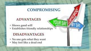 • Shows good will
• Establishes friendly relationships
• No one gets what they want
• May feel like a dead end
 