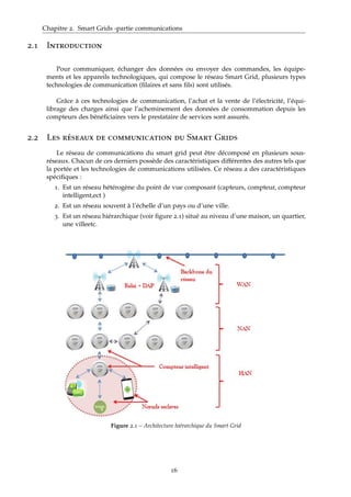 Chapitre 2. Smart Grids -partie communications
2.1 Introduction
Pour communiquer, échanger des données ou envoyer des commandes, les équipe-
ments et les appareils technologiques, qui compose le réseau Smart Grid, plusieurs types
technologies de communication (ﬁlaires et sans ﬁls) sont utilisés.
Grâce à ces technologies de communication, l’achat et la vente de l’électricité, l’équi-
librage des charges ainsi que l’acheminement des données de consommation depuis les
compteurs des bénéﬁciaires vers le prestataire de services sont assurés.
2.2 Les réseaux de communication du Smart Grids
Le réseau de communications du smart grid peut être décomposé en plusieurs sous-
réseaux. Chacun de ces derniers possède des caractéristiques différentes des autres tels que
la portée et les technologies de communications utilisées. Ce réseau a des caractéristiques
spéciﬁques :
1. Est un réseau hétérogène du point de vue composant (capteurs, compteur, compteur
intelligent,ect )
2. Est un réseau souvent à l’échelle d’un pays ou d’une ville.
3. Est un réseau hiérarchique (voir ﬁgure 2.1) situé au niveau d’une maison, un quartier,
une villeetc.
Figure 2.1 – Architecture hiérarchique du Smart Grid
16
 