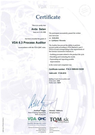 Certificate VDA 6.3 Process Auditor