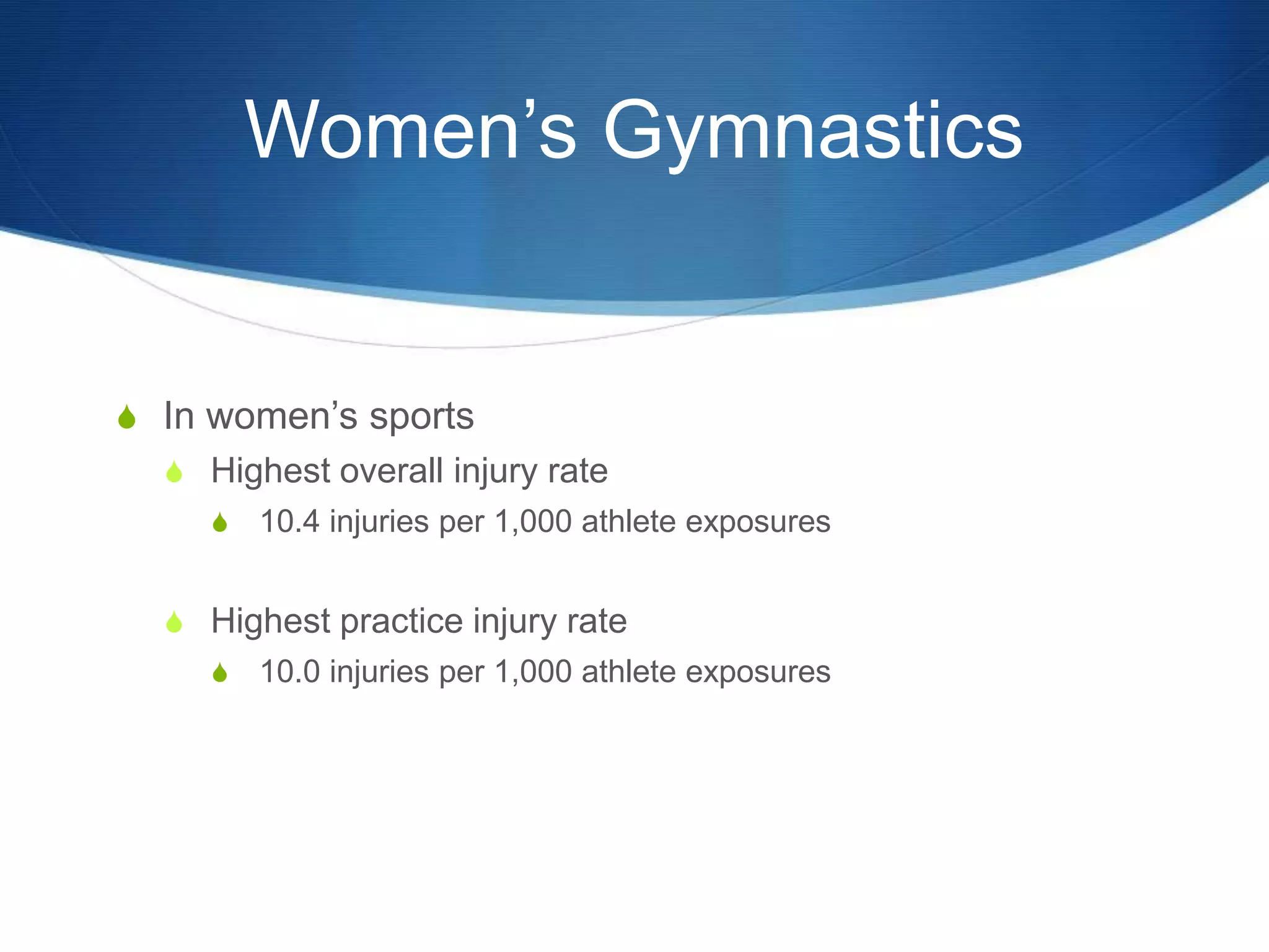 Women’s Gymnastics
S In women’s sports
S Highest overall injury rate
S 10.4 injuries per 1,000 athlete exposures
S Highest practice injury rate
S 10.0 injuries per 1,000 athlete exposures
 
