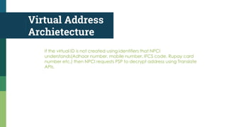 Virtual Address
Archietecture
If the virtual ID is not created using identifiers that NPCI
understands(Adhaar number, mobile number, IFCS code, Rupay card
number etc.) then NPCI requests PSP to decrypt address using Translate
APIs.
 