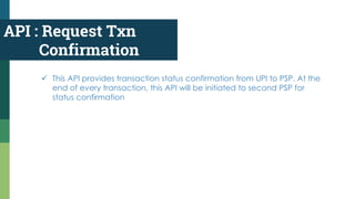 API : Request Txn
Confirmation
 This API provides transaction status confirmation from UPI to PSP. At the
end of every transaction, this API will be initiated to second PSP for
status confirmation
 