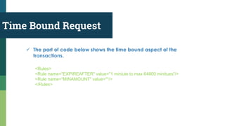 Time Bound Request
<Rules>
<Rule name="EXPIREAFTER" value="1 miniute to max 64800 minitues"/>
<Rule name="MINAMOUNT" value=""/>
</Rules>
 The part of code below shows the time bound aspect of the
transactions.
 