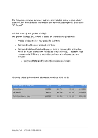 BUSINESS PLAN – X-FINANS – PAGE 45 OF 86
The following executive summary extracts are included below to give a brief
overview. For more detailed information and relevant assumptions, please see
“XF Budget”
Portfolio build up and growth strategy
The growth strategy of X-Finans is based on the following guidelines:
 Phased introduction of new products over time
 Estimated build up per product over time
 Estimated total portfolio build up over time is compared to a time line
where all major events with respect to company setup, IT system, legal
requirements, X-Finans organization and operational processes are
included
o Estimated total portfolio build up is regarded viable
Following these guidelines the estimated portfolios build up is:
ENDING PORTFOLIO (NOK 000) Year 1 Year 2 Year 3 Year 4
Secured loans 130 500 583 700 999 300 1 440 500
Car leasing 88 000 409 600 761 200 1 100 900
Portfolio on balance sheet 218 500 993 300 1 760 500 2 541 400
 