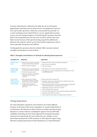 32 UNAIDS
If venous whole blood is collected in the field, the survey will require
appropriately trained personnel, infrastructure and equipment to process,
store and transfer specimens within the recommended time periods. As
a result, including venous whole blood in a survey significantly increases
survey costs; the transport logistics of transferring the specimens from the
field to the testing laboratory become more involved, and the team sizes
likely increase because of the special training required for phlebotomy.
Moreover, the response rate for surveys that include venipuncture may be
lower, especially among men and children.
To help guide the specimen selection method, Table 3 presents selected
strengths and limitations of each method.
Testing of specimens
For many biomarkers, specimens can be tested in one of three different
locations: in the home of the survey respondent, at a nearby health facility or
at a laboratory. The decision on where and how to conduct specimen testing
depends on a variety of factors, including the capacity of survey field staff,
availability of funding, the best clinical approach for testing the biomarker
of interest and, importantly, the survey objectives. For example, surveys
that include measurement of HIV incidence or ART exposure require using
laboratory testing of specimens for these biomarkers in a central laboratory.
Table 3. Strengths and limitations of methods of collecting blood specimens
SPECIMEN TYPE STRENGTHS LIMITATIONS
Capillary whole
blood
•	 Relatively non-invasive compared
to venous whole-blood collection
•	 Must be used immediately
•	 More painful than venous whole-blood collection
•	 Must be used immediately
•	 Cannot be stored
Capillary whole
blood for DBS
preparation
•	 Relatively non-invasive compared
to venous whole-blood collection
•	 Field staff are easily trained
•	 Specimen collection and logistics
are easier than for venous
collection
•	 More painful than venous whole-blood collection
•	 Few assays are currently validated by the manufacturer for use
with DBS specimens
Venous whole
blood for use as
serum, plasma or
as whole blood
•	 More versatile than capillary
whole-blood collection, greater
blood volume can be obtained
•	 A wide array of assays are
validated for plasma, or serum
specimens
•	 More invasive than a finger prick
•	 Transport of specimens required from the collection site to the
site of processing and/or testing
•	 Requires processing of whole venous blood specimen (generally
using centrifuge) within a specified period of time
•	 Appropriate storage of specimens required
•	 Trained phlebotomists required
•	 Team sizes likely larger than when collecting capillary whole blood
•	 Specially trained staff are required
•	 Lower response rates relative to capillary blood collection
 