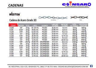 CADENAS
AV. INDUSTRIAL 316-A COL. BENAVIDES TEL. (866) 177-06-70 E-MAIL: EDGARD.BALDERAS@COINSARO.COM.MX
 