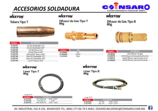 ACCESORIOS SOLDADURA
AV. INDUSTRIAL 316-A COL. BENAVIDES TEL. (866) 177-06-70 E-MAIL: EDGARD.BALDERAS@COINSARO.COM.MX
 