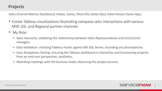 Projects
• Create Tableau visualizations illustrating company sales interactions with various
MSP, GSI, and Regional partner channels
• My Role:
– Sales hierarchy: validating the relationship between Sales Representatives and Line1/Line2
managers
– Data Validation: checking Tableau results against MS SQL Server, recording any discrepancies
– User Acceptance Testing: ensuring the Tableau dashboard is interactive and functioning properly
from an end-user perspective; aesthetics
– Attending meetings with the business leads; observing the project process
© 2015 ServiceNow All Rights Reserved 7
Sales-Channel Metrics Dashboard; Pallavi, Suhas, Paula Ellis (Sales Ops), Katie Hanson (Sales Ops)
 