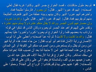 ثم  بعد طول مناقشات ، قصد  الخوارج جسر النهر وكانوا غربه فقال لعلي أصحابه‏ :‏  إنهم قد عبروا النهر‏ .‏  فقال‏ :‏  لن يعبروا ‏ .‏  فأرسلوا طليعة فعاد وأخبرهم أنهم عبروا النهر وكان بينهم وبينه عطفة من النهر فلخوف الطليعة منهم لم يقربهم فعاد فقال‏ :‏  إنهم قد عبروا النهر‏ .‏  فقال علي‏ :‏  والله ما عبروه وإن مصارعهم لدون الجسر ووالله لا يقتل منكم عشرة ولا يسلم منهم عشرة   ،  وتقدم علي إليهم فرآهم عند الجسر لم يعبروه وكان الناس قد شكوا في قوله وارتاب به بعضهم فلما رأوا الخوارج لم يعبروا كبروا وأخبروا عليًا بحالهم فقال‏ :‏  والله ما كذبت ولا كذبت ‏ !‏  ثم إنه عبأ أصحابه وأعطى علي أبا أيوب الأنصاري راية الأمان فناداهم أبو أيوب فقال‏ :‏  من جاء تحت هذه الراية فهو آمن ومن لم يقتل ولم يستعرض ومن انصرف منكم إلى الكوفة أو إلى المدائن وخرج من هذه الجماعة فهو آمن لا حاجة لنا بعد أن نصيب قتلة إخواننا منكم في سفك دمائكم‏ .‏   وكان الخوارج   قرابة الأربعة آلاف   فلم يتبق  عبد الله بن وهب  زعيمهم سوى  ألف وثمانمائة فزحفوا إلى علي وكان علي قد قال لأصحابه‏ :‏  كفوا عنهم حتى يبدأوكم‏ .‏ فتنادوا‏ :‏  الرواح إلى الجنة‏ !‏  وحملوا على الناس  ، 