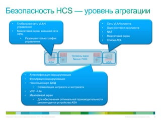 •      Глобальная сеть VLAN                                                        •   Сеть VLAN клиента
                управления                                                                  •   Один контекст на клиента
         •      Межсетевой экран внешней сети                                               •   NAT
                VPN
                                                                                            •   Межсетевой экран
                     •      Разрешен только трафик
                                                                                            •   Списки ACL
                            управления




                                                                             Уровень ядра
                                                                              Nexus 7000
                                                               ASA                              ASA



                           •       Аутентификация маршрутизации
                           •       Фильтрация маршрутизации
                           •       Несколько вирт. ЦОД
                                       •       Сегментация интрасети и экстрасети
                           •       VRF - Lite
                           •       Межсетевой экран
                                       •       Для обеспечения оптимальной производительности
                                               рекомендуется устройство ASA




© Компания Cisco и (или) ее дочерние компании, 2010 г. Все права защищены.                                   Конфиденциальная информация Cisco   66
 
