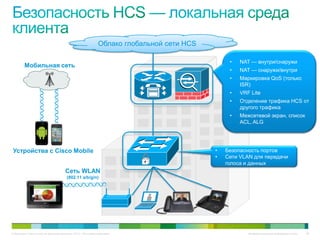 Облако глобальной сети HCS

                                                                                                  •   NAT — внутри/снаружи
         Мобильная сеть
                                                                                                  •   NAT — снаружи/внутри
                                                                                                  •   Маркировка QoS (только
                                                                                                      ISR)
                                                                                                  •   VRF Lite
                                                                                                  •   Отделение трафика HCS от
                                                                                                      другого трафика
                                                                                                  •   Межсетевой экран, список
                                                                                                      ACL, ALG




 Устройства с Cisco Mobile                                                                   •   Безопасность портов
                                                                                             •   Сети VLAN для передачи
                                                                                                 голоса и данных
                                        Сеть WLAN
                                         (802.11 a/b/g/n)




© Компания Cisco и (или) ее дочерние компании, 2010 г. Все права защищены.                               Конфиденциальная информация Cisco   68
 
