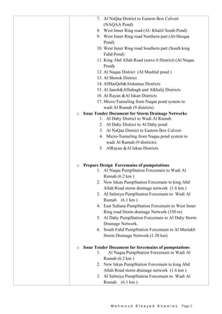 M a h m o u d E l s a y e d K h a m i e s Page 3
7. Al NaQaa District to Eastern Box Culvert
(NAQAA Pond)
8. West Inner Ring road (Al- KhaliJ South Pond)
9. West Inner Ring road Northern part (Al-Shoqaa
Pond)
10. West Inner Ring road Southern part (South king
Fahd Pond)
11. King Abd Allah Road (serve 6 District) (Al Naqaa
Pond)
12. Al Naqaa District (Al Mashtal pond )
13. Al Shorok District
14. AlMarQeb&Alshamas Districts
15. Al Janob&AlSabagh and Alkhalij Districts
16. Al Rayan &Al Iskan Districts
17. Micro-Tunneling from Naqaa pond system to
wadi Al Rumah (9 districts)
o Issue Tender Document for Storm Drainage Networks
1. Al Dahy District to Wadi Al Rumah
2. Al Dahy District to Al Dahy pond
3. Al NaQaa District to Eastern Box Culvert.
4. Micro-Tunneling from Naqaa pond system to
wadi Al Rumah (9 districts).
5. AlRayan &Al Iskan Districts
o Prepare Design Forcemains of pumpstations
1. Al Naqaa PumpStation Forcemain to Wadi Al
Rumah (6.2 km )
2. New Iskan PumpStation Forcemain to king Abd
Allah Road storm drainage network (1.6 km )
3. Al Salmiya PumpStation Forcemain to Wadi Al
Rumah (6.1 km )
4. East Sultana PumpStation Forcemain to West Inner
Ring road Storm drainage Network (350 m)
5. Al Dahy PumpStation Forcemain to Al Dahy Storm
Drainage Network.
6. South Fahd PumpStation Forcemain to Al Maslakh
Storm Drainage Network.(1.38 km)
o Issue Tender Document for forcemains of pumpstations
1. Al Naqaa PumpStation Forcemain to Wadi Al
Rumah (6.2 km )
2. New Iskan PumpStation Forcemain to king Abd
Allah Road storm drainage network (1.6 km )
3. Al Salmiya PumpStation Forcemain to Wadi Al
Rumah (6.1 km )
 
