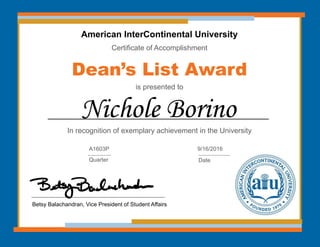 American InterContinental University
Certificate of Accomplishment
Dean’s List Award
is presented to
In recognition of exemplary achievement in the University
Nichole Borino
Betsy Balachandran, Vice President of Student Affairs
A1603P
Quarter
9/16/2016
Date
 