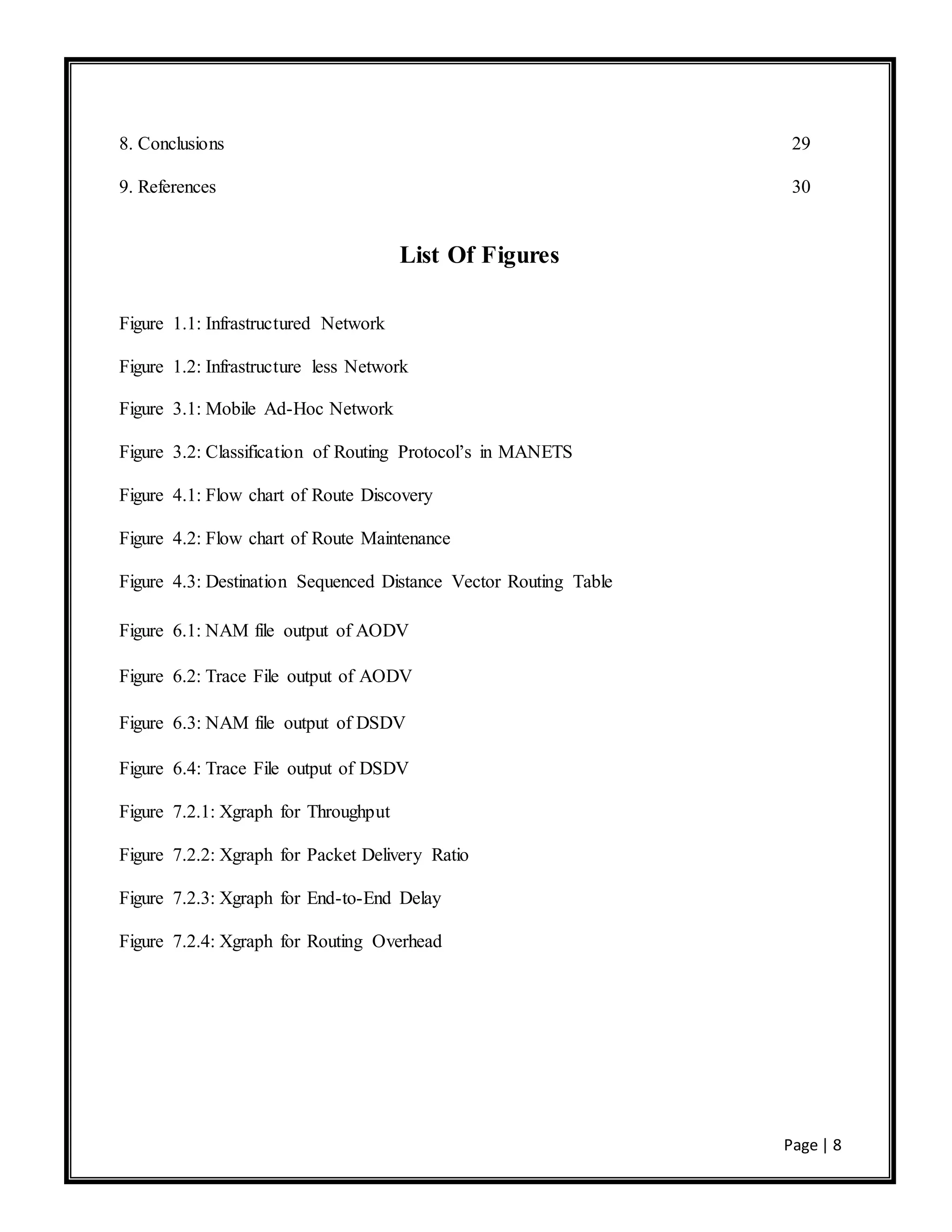Page | 8
8. Conclusions 29
9. References 30
List Of Figures
Figure 1.1: Infrastructured Network
Figure 1.2: Infrastructure less Network
Figure 3.1: Mobile Ad-Hoc Network
Figure 3.2: Classification of Routing Protocol’s in MANETS
Figure 4.1: Flow chart of Route Discovery
Figure 4.2: Flow chart of Route Maintenance
Figure 4.3: Destination Sequenced Distance Vector Routing Table
Figure 6.1: NAM file output of AODV
Figure 6.2: Trace File output of AODV
Figure 6.3: NAM file output of DSDV
Figure 6.4: Trace File output of DSDV
Figure 7.2.1: Xgraph for Throughput
Figure 7.2.2: Xgraph for Packet Delivery Ratio
Figure 7.2.3: Xgraph for End-to-End Delay
Figure 7.2.4: Xgraph for Routing Overhead
 