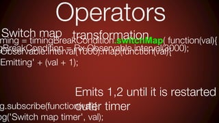ming = timingBreakCondition.switchMap( function(val){
.Observable.interval(1000).map(function(val){
'Emitting' + (val + 1);
g.subscribe(function(val){
og('Switch map timer', val);
Operators
transformation
Emits 1,2 until it is restarted
outer timer
Switch map
gBreakCondition = Rx.Observable.interval(3000);
 