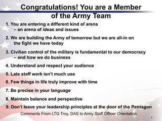 Congratulations! You are a Member
of the Army Team
5
4. Understand and respect your audience
5. Late staff work isn’t much use
2. We are building the Army of tomorrow but we are all-in on
the fight we have today
3. Civilian control of the military is fundamental to our democracy
– and how we do business
8. Maintain balance and perspective
1. You are entering a different kind of arena
– an arena of ideas and issues
7. Be precise in your language
9. Don’t leave your leadership principles at the door of the Pentagon
6. Few things in life truly improve with time
Comments From LTG Troy, DAS to Army Staff Officer Orientation
 