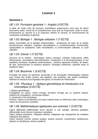 Licence 1
Semestre 1
UE 1.01: Formation générale 1 - Anglais (3 ECTS)
A partir de textes tirés de journaux scientifiques anglo-saxons ainsi que de divers
documents audio, travail de la compréhension ainsi que de l'expression orale et écrite,
entraînement au résumé et à la traduction (thème et version), et enrichissement du
vocabulaire scientifique et général.
UE 1.02: Biologie 1 : Biologie cellulaire 1 (7 ECTS)
Bases essentielles de la biologie fondamentales : constituants de base de la cellule,
fonctionnement cellulaire, organites intracellulaires et compartimentation fonctionnelle,
cytosquelette et cytoplasme, trafic intracellulaire, la communication cellulaire, le cycle
cellulaire.
UE 1.03: Chimie 1 (7 ECTS)
Structure de la matière : Atomistique, liaison chimique, orbitales moléculaires, effets
électroniques. Associations intermoléculaires. Introduction à la thermodynamique et aux
équilibres chimiques. Equilibres acido-basiques : solutions aqueuses d'acides, de bases,
de sels, d'aminoacides et solutions tampons. Echanges d'électrons, potentiel redox et
équilibres redox.
UE 1.04: Biochimie 1 (5 ECTS)
Posséder les bases de biochimie structurale et les principales méthodologies utilisées
pour l’étude des acides aminés, des peptides, des protéines, des acides nucléiques.
Maîtriser la structure et la régulation des gènes, le transfert de l’information
UE 1.05 : Physique 1 : Optique géométrique et introduction à la
cinématique (5 ECTS)
I. Optique géométrique
Propagation de rayons, notion d'image, formation d'image par un système optique,
relations de conjugaison, microscope optique.
II. Introduction à la cinématique
Position, vitesse et accélération d'un point matériel dans un référentiel, bilan cinématique,
nature du mouvement, exemples.
UE 1.06: Mathématiques appliquées aux sciences 1 (3 ECTS)
Calcul différentiel (différentielle d’une fonction à une variable, dérivées partielles,
différentielle d’une fonction à plusieurs variables).
Calcul intégral (primitives, intégrales définies, intégration par changement de variables,
intégration par parties).
Calcul vectoriel (norme, produit scalaire, produit vectoriel, coordonnées cartésiennes,
polaires et cylindriques, vecteur gradient).
 