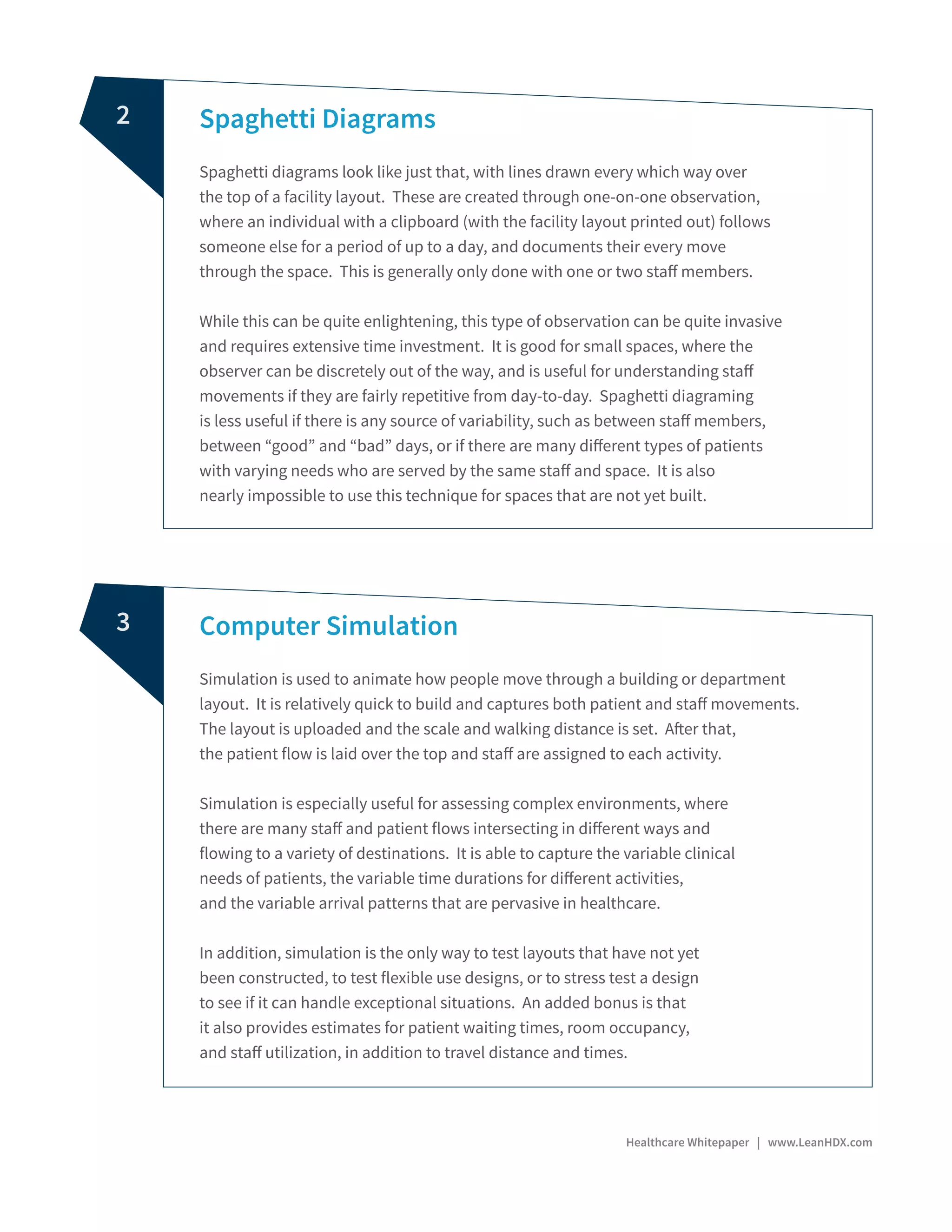 Spaghetti Diagrams
Spaghetti diagrams look like just that, with lines drawn every which way over
the top of a facility layout. These are created through one-on-one observation,
where an individual with a clipboard (with the facility layout printed out) follows
someone else for a period of up to a day, and documents their every move
through the space. This is generally only done with one or two staff members.
While this can be quite enlightening, this type of observation can be quite invasive
and requires extensive time investment. It is good for small spaces, where the
observer can be discretely out of the way, and is useful for understanding staff
movements if they are fairly repetitive from day-to-day. Spaghetti diagraming
is less useful if there is any source of variability, such as between staff members,
between “good” and “bad” days, or if there are many different types of patients
with varying needs who are served by the same staff and space. It is also
nearly impossible to use this technique for spaces that are not yet built.
Computer Simulation
Simulation is used to animate how people move through a building or department
layout. It is relatively quick to build and captures both patient and staff movements.
The layout is uploaded and the scale and walking distance is set. After that,
the patient flow is laid over the top and staff are assigned to each activity.
Simulation is especially useful for assessing complex environments, where
there are many staff and patient flows intersecting in different ways and
flowing to a variety of destinations. It is able to capture the variable clinical
needs of patients, the variable time durations for different activities,
and the variable arrival patterns that are pervasive in healthcare.
In addition, simulation is the only way to test layouts that have not yet
been constructed, to test flexible use designs, or to stress test a design
to see if it can handle exceptional situations. An added bonus is that
it also provides estimates for patient waiting times, room occupancy,
and staff utilization, in addition to travel distance and times.
Healthcare Whitepaper | www.LeanHDX.com
2
3
 