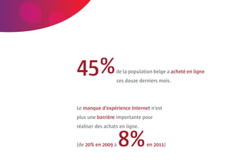 12 | Comeos - E-commerce in België - 16 mei 2011




                                            45%               de la population belge a acheté en ligne
                                                              ces douze derniers mois.




                                            Le manque d’expérience Internet n’est
                                            plus une barrière importante pour
                                            réaliser des achats en ligne.


                                            (de 20% en 2009 à   8%          en 2011)
 