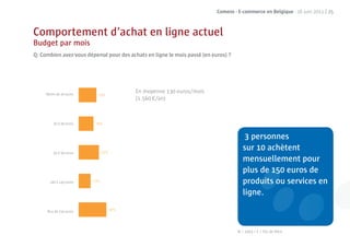 Comeos - E-commerce en Belgique - 16 juin 2011 | 25



Comportement d’achat en ligne actuel
Budget par mois
Q: Combien avez-vous dépensé pour des achats en ligne le mois passé (en euros) ?




     Moins de 20 euros
                                         En moyenne 130 euros/mois
                                         (1.560 €/an)



         20 à 49 euros


                                                                                       3 personnes
         50 à 99 euros
                                                                                      sur 10 achètent
                                                                                      mensuellement pour
                                                                                      plus de 15 euros de
                                                                                             e 150
       100 à 149 euros                                                                produits o services en
                                                                                           uits ou
                                                                                      ligne.

     Plus de 150 euros




                                                                                   N = 1003 / F = Pas de ﬁltre
 