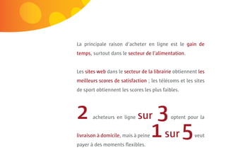 48 | Comeos - E-commerce in België - 16 mei 2011




                                            La principale raison d’acheter en ligne est le gain de
                                            temps, surtout dans le secteur de l’alimentation.


                                            Les sites web dans le secteur de la librairie obtiennent les
                                            meilleurs scores de satisfaction ; les télécoms et les sites
                                            de sport obtiennent les scores les plus faibles.




                                            2      acheteurs en ligne   sur       3     optent pour la


                                            livraison à domicile, mais à peine
                                            payer à des moments ﬂexibles.
                                                                                 1 sur 5           veut
 