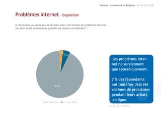 Comeos - E-commerce en Belgique - 16 juin 2011 | 79



Problèmes internet - Exposition
Q: Avez-vous, au cours des 12 derniers mois, été victime de problèmes Internet
lors d’un achat de nouveaux produits ou services sur Internet ?




                                                                                    Les problèmes Inter-
                                                                                    net ne surviennent
                                                                                    que sporadiquement.

                                                                                    7 % des ré
                                                                                          es répondants
                                                                                         outefois
                                                                                    ont toutefois déjà été
                                                                                                pr blèmes
                                                                                    victimes de problèmes
                                                                                    pendant leurs achats
                                                                                            t
                         Oui, plusieurs fois   Oui, une fois   Non
                                                                                    en ligne.
                                                                                 N = 1003 / F = Pas de ﬁltre
 