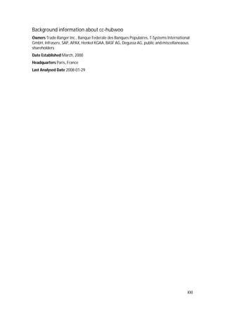XXI
Background information about cc-hubwoo
Owners Trade Ranger Inc., Banque Federale des Banques Populaires, T-Systems International
GmbH, Infraserv, SAP, APAX, Henkel KGAA, BASF AG, Degussa AG, public and miscellaneaous
shareholders
Date Established March, 2000
Headquarters Paris, France
Last Analysed Date 2008-01-29
 