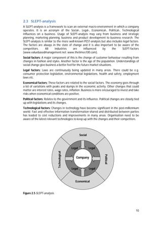 10
2.3 SLEPT-analysis
A SLEPT-analysis is a framework to scan an external macro-environment in which a company
operates. It is an acronym of the Social-, Legal-, Economical-, Political-, Technological
influences on a business. Usage of SLEPT-analysis may vary from business and strategic
planning, marketing planning, business and product development to business research. The
SLEPT-analysis is similar to the more well-known PEST-analysis but also includes legal factors.
The factors are always in the state of change and it is also important to be aware of the
competitors. All industries are influenced by the SLEPT-factors
(www.valuebasedmanagement.net; www.thetimes100.com).
Social factors: A major component of this is the change of customer behaviour resulting from
changes in fashion and styles. Another factor is the age of the population. Understandings of
social change give business a better feel for the future market situations.
Legal factors: Laws are continuously being updated in many areas. There could be e.g.
consumer protection legislation, environmental legislations, health and safety, employment
laws etc.
Economical factors: These factors are related to the social factors. The economy goes through
a lot of variations with peaks and slumps in the economic activity. Other changes that could
matter are interest rates, wage rates, inflation. Business is more encouraged to invest and take
risks when economical conditions are positive.
Political factors: Relates to the government and its influence. Political changes are closely tied
up with legislations and its changes.
Technological factors: Changes in technology have become significant in the post-millennium
world. Fast and effective information transformation shared and distributed between parties
has leaded to cost reductions and improvements in many areas. Organisation need to be
aware of the latest relevant technologies to keep up with the changes and their competitors.
Figure 2.5 SLEPT-analysis.
Company
Political
Social
Economical
Technological
Legal Legal
Legal Legal
 