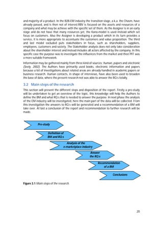 20
and majority of a product. In the B2B-EM industry the transition stage, a.k.a. the Chasm, have
already passed, and is then not of interest.RBV is focused on the assets and resources of a
company and what may be achieve with the specific set of them. As the Assigner is in an early
stage and do not have that many resources yet, the Kano-model is used instead which set
focus on customers. Also the Assigner is developing a product which in its turn provides a
service, it is more appropriate to accentuate the customers and value proposition. The third
and last model excluded puts stakeholders in focus, such as shareholders, suppliers,
employees, customers and society. The Stakeholder analysis does not only take consideration
about the shareholder interest and instead includes all actors affected by the company. In this
specific case the purpose was to investigate the influences from the market and then PFF was
a more suitable framework.
Information may be gathered mainly from three kind of sources; human, papers and electronic
(Seely, 2002). The Authors have primarily used books, electronic information and papers
because a lot of investigations about related areas are already handled in academic papers or
business research. Human contacts, in shape of interviews, have also been used to broaden
the base of data, where the present research not was able to answer the RQ:s totally.
3.2 Main steps of the research
This section will present the different steps and disposition of the report. Firstly a pre-study
will be undertaken to get an overview of the topic, this knowledge will help the Authors to
define the BM and what RQ:s that is needed to answer the purpose. In next phase the analysis
of the EM industry will be investigated, here the main part of the data will be collected. From
this investigation the answers to RQ:s will be generated and a recommendation of a BM will
take over. At last a conclusion of the report and recommendation to further research will be
made.
Figure 3.1 Main steps of the research.
Pre-study
Conclusions
Answer
the RQ:s
Analysis of the
e-marketplace industry
Definition of
BM and RQ:s
Recommendation
of a BM
 