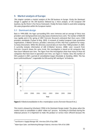 32
5 Market analysis of Europe
This chapter contains a market analysis of the EM business in Europe. Firstly the Dominant
Design is applied on the EM business followed by a micro analysis, of the European EM
business, by the Porter’s Five Forces framework. Finally the Kano-model is used when analysing
the value proposition within the European market.
5.1 Dominant design
Back in 1999-2000, the hype surrounding EM:s were immense and an average of three new
providers were being launched every day (www.emarketservices.com). The number of B2B-EM
rose rapidly and in the spring of 2001 Forrester Research estimated that there were 2.500
providers worldwide (Turban & King, 2003). A network of mainly European trade promotion
organisations, E-Market Services, provides a directory of EM:s that host a platform for many-
to-many interactions. While this directory covered data on more than 1000 providers in 2003,
it currently includes information of 600 (E-Market Services, 2008). Later research from
Forrester research shows the same trend, this investigation is based on 60 companies that
have been followed over time. The figure from this investigation show how many of these 60
companies that have been in operation over time, see Figure 5.1 below. Since the number of
EM:s peaked in 2001 a period of consolidation began (Stockdale & Standing, 2002). This has
been confirmed Bruner6
, responsible for EM used by SKF and Ayers7
at Endorsia.
Figure 5.1 Marketconsolidation in the e-marketplace sector (Forrester Research Inc.).
This trend is showed by Utterback (1994) in his Dominant Design model. The phase when the
market starts to consolidate is called “shake out” process. According to Utterback during the
shakeout process it is important to make the product or service more efficient because the
6
Ivan Bruner e-Supply Manager SKF, interview 25th of Sep 2008
7
Adam Ayers Sales- and Marketing Manager Endorsia, interview 10th of Oct 2008
 