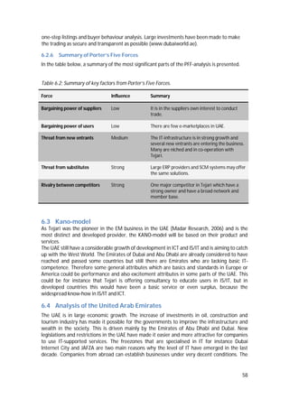 58
one-step listings and buyer behaviour analysis. Large investments have been made to make
the trading as secure and transparent as possible (www.dubaiworld.ae).
6.2.6 Summary of Porter’s Five Forces
In the table below, a summary of the most significant parts of the PFF-analysis is presented.
Table 6.2: Summary of key factors from Porter’s Five Forces.
Force Influence Summary
Bargaining power of suppliers Low It is in the suppliers own interest to conduct
trade.
Bargaining power of users Low There are few e-marketplaces in UAE.
Threat from new entrants Medium The IT-infrastructure is in strong growth and
several new entrants are entering the business.
Many are niched and in co-operation with
Tejari.
Threat from substitutes Strong Large ERP providers and SCM systems may offer
the same solutions.
Rivalry between competitors Strong One major competitor in Tejari which have a
strong owner and have a broad network and
member base.
6.3 Kano-model
As Tejari was the pioneer in the EM business in the UAE (Madar Research, 2006) and is the
most distinct and developed provider, the KANO-model will be based on their product and
services.
The UAE still have a considerable growth of development in ICT and IS/IT and is aiming to catch
up with the West World. The Emirates of Dubai and Abu Dhabi are already considered to have
reached and passed some countries but still there are Emirates who are lacking basic IT-
competence. Therefore some general attributes which are basics and standards in Europe or
America could be performance and also excitement attributes in some parts of the UAE. This
could be for instance that Tejari is offering consultancy to educate users in IS/IT, but in
developed countries this would have been a basic service or even surplus, because the
widespread know-how in IS/IT and ICT.
6.4 Analysis of the United Arab Emirates
The UAE is in large economic growth. The increase of investments in oil, construction and
tourism industry has made it possible for the governments to improve the infrastructure and
wealth in the society. This is driven mainly by the Emirates of Abu Dhabi and Dubai. New
legislations and restrictions in the UAE have made it easier and more attractive for companies
to use IT-supported services. The freezones that are specialised in IT for instance Dubai
Internet City and JAFZA are two main reasons why the level of IT have emerged in the last
decade. Companies from abroad can establish businesses under very decent conditions. The
 