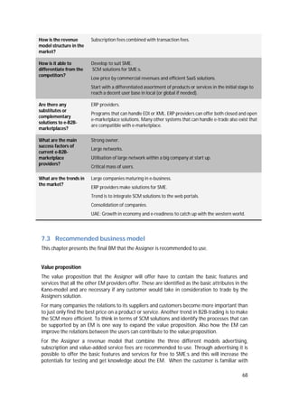 68
How is the revenue
model structure in the
market?
Subscription fees combined with transaction fees.
How is it able to
differentiate from the
competitors?
Develop to suit SME.
SCM solutions for SME:s.
Low price by commercial revenues and efficient SaaS solutions.
Start with a differentiated assortment of products or services in the initial stage to
reach a decent user base in local (or global if needed).
Are there any
substitutes or
complementary
solutions to e-B2B-
marketplaces?
ERP providers.
Programs that can handle EDI or XML. ERP providers can offer both closed and open
e-marketplace solutions. Many other systems that can handle e-trade also exist that
are compatible with e-marketplace.
What are the main
success factors of
current e-B2B-
marketplace
providers?
Strong owner.
Large networks.
Utilisation of large network within a big company at start up.
Critical mass of users.
What are the trends in
the market?
Large companies maturing in e-business.
ERP providers make solutions for SME.
Trend is to integrate SCM solutions to the web portals.
Consolidation of companies.
UAE: Growth in economy and e-readiness to catch up with the western world.
7.3 Recommended business model
This chapter presents the final BM that the Assigner is recommended to use.
Value proposition
The value proposition that the Assigner will offer have to contain the basic features and
services that all the other EM providers offer. These are identified as the basic attributes in the
Kano-model and are necessary if any customer would take in consideration to trade by the
Assigners solution.
For many companies the relations to its suppliers and customers become more important than
to just only find the best price on a product or service. Another trend in B2B-trading is to make
the SCM more efficient. To think in terms of SCM solutions and identify the processes that can
be supported by an EM is one way to expand the value proposition. Also how the EM can
improve the relations between the users can contribute to the value proposition.
For the Assigner a revenue model that combine the three different models advertising,
subscription and value-added service fees are recommended to use. Through advertising it is
possible to offer the basic features and services for free to SME:s and this will increase the
potentials for testing and get knowledge about the EM. When the customer is familiar with
 