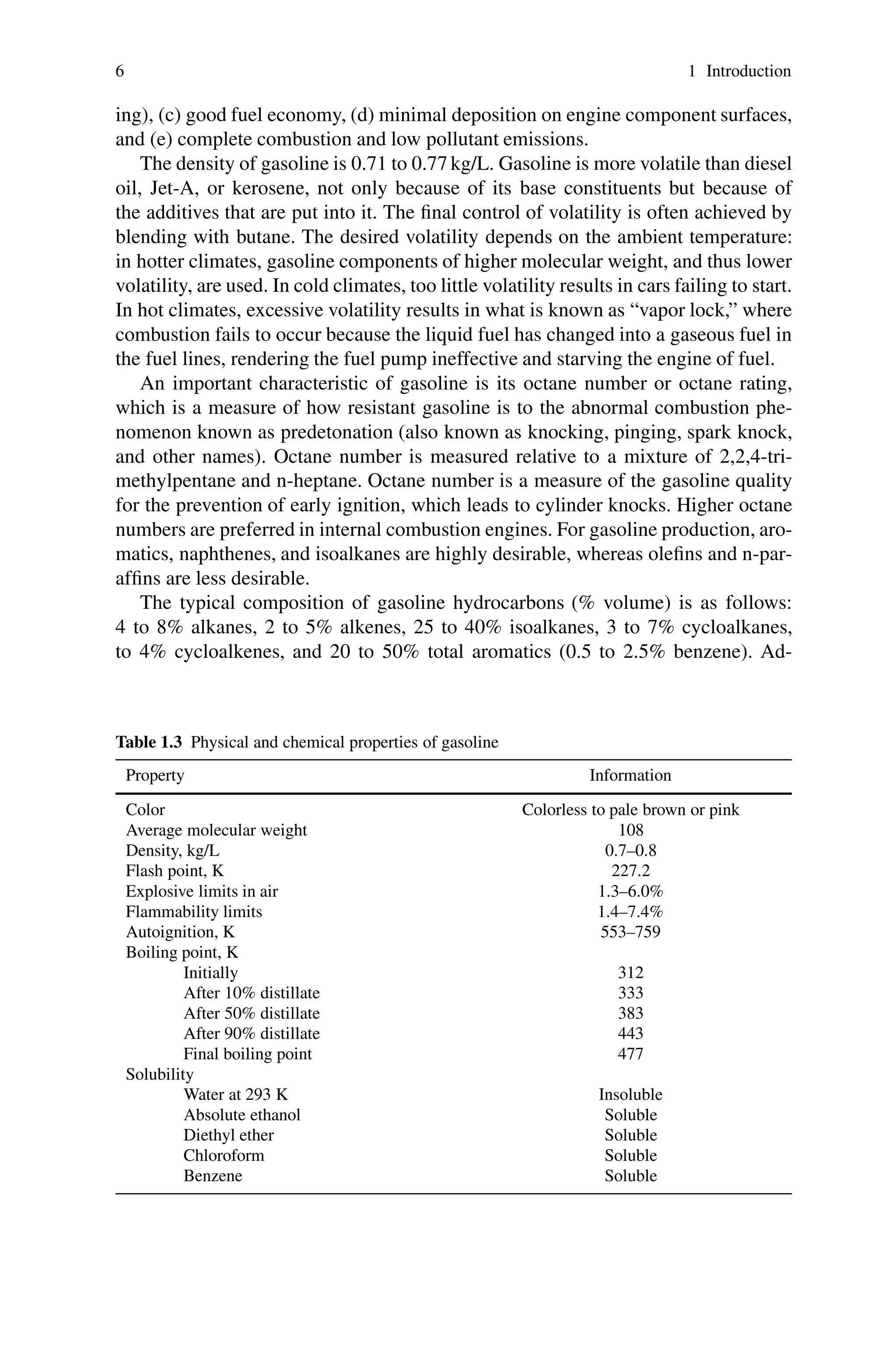 6 1 Introduction
ing), (c) good fuel economy, (d) minimal deposition on engine component surfaces,
and (e) complete combustion and low pollutant emissions.
The density of gasoline is 0.71 to 0.77 kg/L. Gasoline is more volatile than diesel
oil, Jet-A, or kerosene, not only because of its base constituents but because of
the additives that are put into it. The final control of volatility is often achieved by
blending with butane. The desired volatility depends on the ambient temperature:
in hotter climates, gasoline components of higher molecular weight, and thus lower
volatility, are used. In cold climates, too little volatility results in cars failing to start.
In hot climates, excessive volatility results in what is known as “vapor lock,” where
combustion fails to occur because the liquid fuel has changed into a gaseous fuel in
the fuel lines, rendering the fuel pump ineffective and starving the engine of fuel.
An important characteristic of gasoline is its octane number or octane rating,
which is a measure of how resistant gasoline is to the abnormal combustion phe-
nomenon known as predetonation (also known as knocking, pinging, spark knock,
and other names). Octane number is measured relative to a mixture of 2,2,4-tri-
methylpentane and n-heptane. Octane number is a measure of the gasoline quality
for the prevention of early ignition, which leads to cylinder knocks. Higher octane
numbers are preferred in internal combustion engines. For gasoline production, aro-
matics, naphthenes, and isoalkanes are highly desirable, whereas olefins and n-par-
affins are less desirable.
The typical composition of gasoline hydrocarbons (% volume) is as follows:
4 to 8% alkanes, 2 to 5% alkenes, 25 to 40% isoalkanes, 3 to 7% cycloalkanes,
to 4% cycloalkenes, and 20 to 50% total aromatics (0.5 to 2.5% benzene). Ad-
Table 1.3 Physical and chemical properties of gasoline
Property Information
Color Colorless to pale brown or pink
Average molecular weight 108
Density, kg/L 0.7–0.8
Flash point, K 227.2
Explosive limits in air 1.3–6.0%
Flammability limits 1.4–7.4%
Autoignition, K 553–759
Boiling point, K
Initially 312
After 10% distillate 333
After 50% distillate 383
After 90% distillate 443
Final boiling point 477
Solubility
Water at 293 K Insoluble
Absolute ethanol Soluble
Diethyl ether Soluble
Chloroform Soluble
Benzene Soluble
 